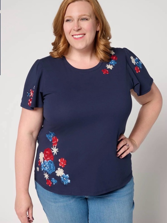 DRIFTWOOD Tops - DRIFTWOOD Navy Short Sleeve Tee with Red, Blue & White Floral Embroidery New